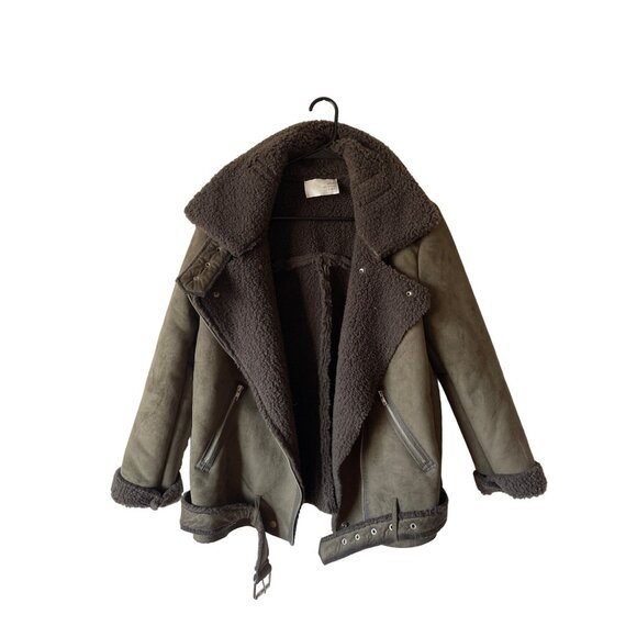 JOA Women's Biker Jacket Faux Fur Moto Short Belted Green Heavy Fleece Size XS - Picture 1 of 4